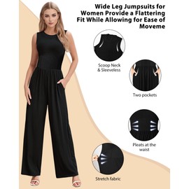 AURUZA Jumpsuits for Women, Sleeveless Crew Neck Jumpsuits for Women Casual One Piece Outfit Wide Leg Long Pants Rompers for Women 2024 Jumper Dressy with Pockets, Black, XXL