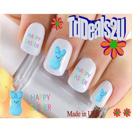 Holiday Easter - Happy Easter Pastel Blue Bunny Easter Eggs WaterSlide Nail Art Decals - Highest Quality! Made in USA