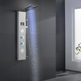 ROVATE Shower Panel Tower System with LED Rainfall Waterfall Shower Head, 5-in-1 LED Stainless Steel Shower Panel System with Body Massage Jets, Handheld Shower and Tub Spout, Brushed Finish