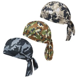 3 Pcs Camouflage Dew Rags Doo Rags Skull Caps Sweat Wicking Head Wraps Helmet Liners Bandana Beanies for Cycling Motorcycle