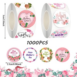 1000PCS Mothers Day Stickers,Happy Mother's Day,Round Floral Gift Decorative Labels Heart Stickers for Gift Wrap Envelope Party Favors Decorations