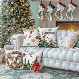 Avezano Christmas Winter Cushion Covers 45 x 45 cm Deer Xmas Tree Cushion Covers Christmas Holiday Farmhouse Pillow Covers for Sofa Couch Bed Home Decorations Set of 4