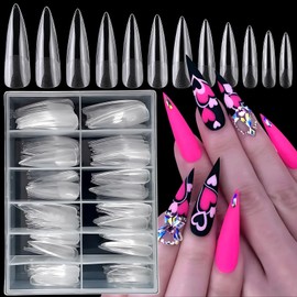 LoveOurHome 240pc XXL Stiletto Gel x Nail Tips Extra Long Clear Pointy Stiletto Fake Nails Full Cover Artificial False Nails 12 Sizes for Gel Acrylic Nail Extension