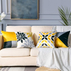 Artscope Cozy Double Sided Print Velvet Cushion Covers, 8 Diffreent Modern Patterns Soft Throw Pillow Covers for Sofa Couch Car Home Decor 45 x 45 cm, Set of 4 -Geometric Yellow Gray