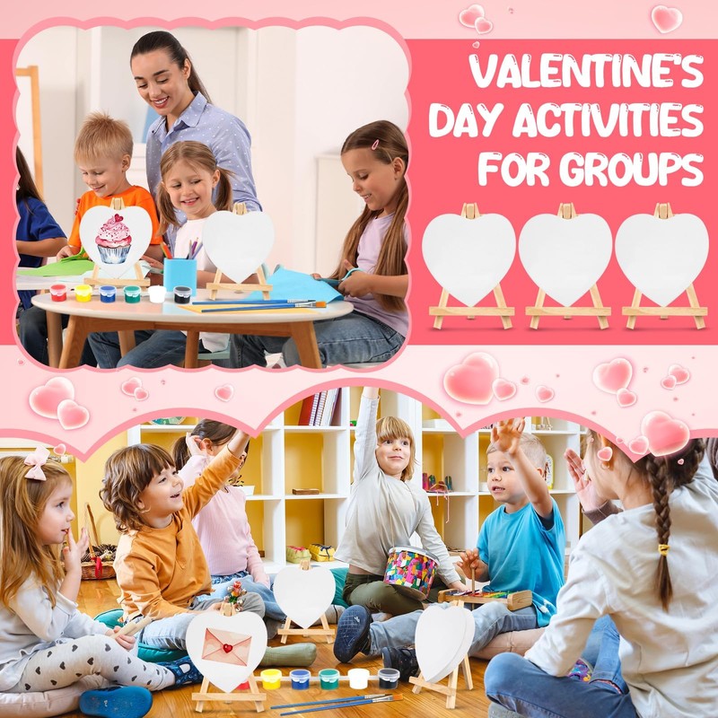 12 Sets Valentine's Day Mini Paint Set with Easel Canvas