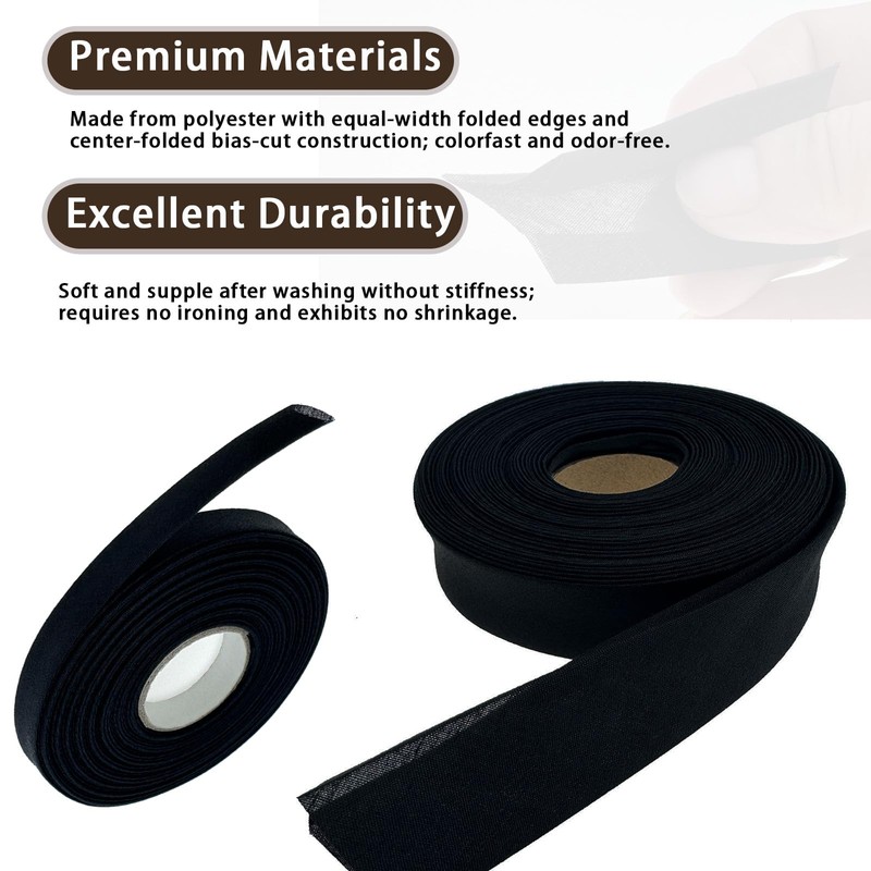 ZXTDBMBB Black Polyester bias Tape for Patchwork Assembly,Craft Binding,Hemming and