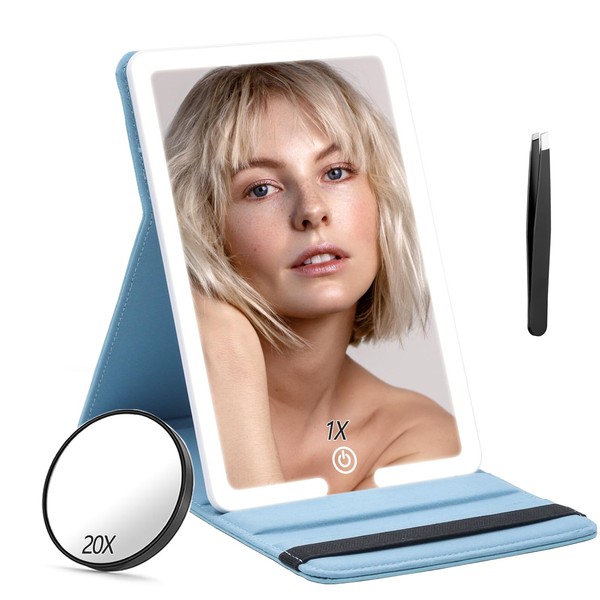 Travel Makeup Mirror with Round 20X Magnifying Mirror, PU Leather Cover Vanity Mirror with Lights of 8X5.5inch, 3 Color Modes 1500mAh Battery Cosmetic Mirror for Home, Office and Travel Use
