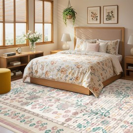 UERMEI 6x9 Area Rug Living Room Rugs - Washable Boho Vintage Floral Large Soft Non Slip Thin Rug Low Pile Carpet for Bedroom Dining Room Kids Playroom Office Decor Indoor- Pink