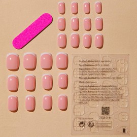 24pcs-French Tip False Nails - Short Square Press on Nails with Glue, 24pcs Heart Design Pink Fake Nails - Long Lasting Gift for Women