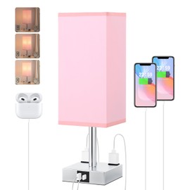 Touch Bedside Table Lamp For Nightstand - 3-Way Dimmable Night Lamp with USB A + Type C Charging Ports and two AC Outlets, Small Desk Light with E26 LED Bulb for Bedroom Living Room Dorm Office, PINK