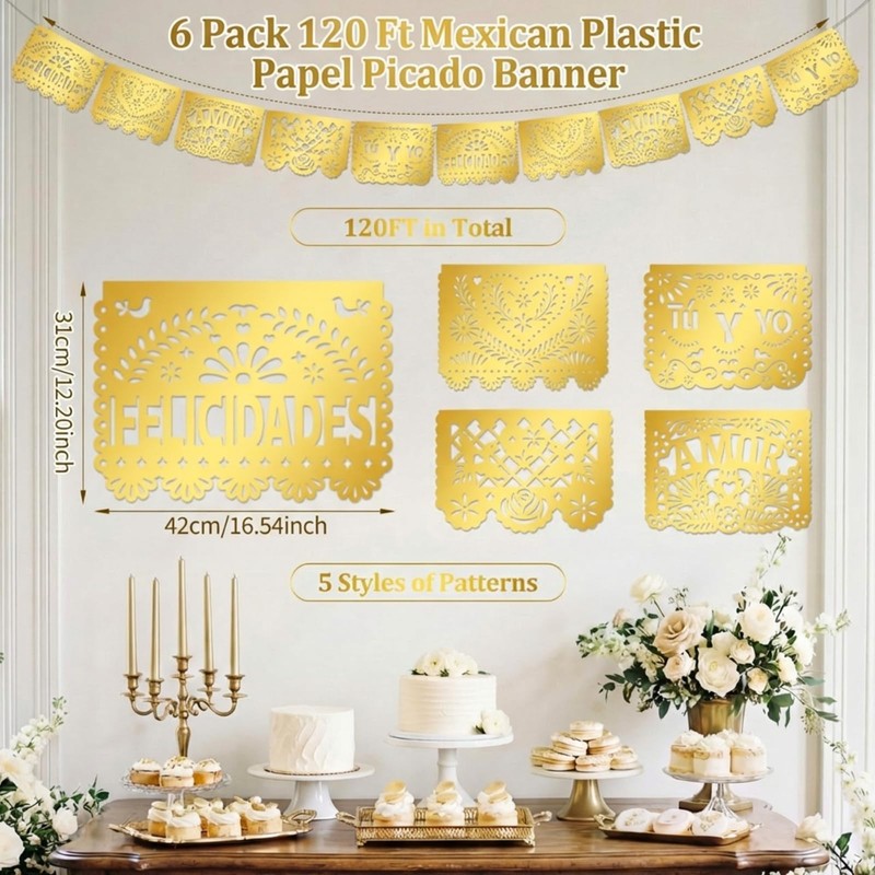 6 Pack Papel Picado Wedding Banner Gold, 120 ft Plastic