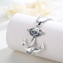 TRISHULA Anchor Necklace Sterling Silver Nautical Anchor Pendant Oxidation Anchor Skull Necklace Anchor Jewelry Gift for Women Men Birthday Graduation