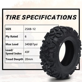 Set of 2 ATV/UTV Tire 25x8-12 Tires, 6 PR 43F Load/Speed Index All Terrain Off-Road Tubeless Tires
