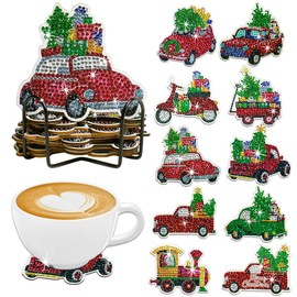 10 Pcs Diamond Painting Coasters with Holder, 5D DIY Christmas Coasters Diamond Painting Kits Round Diamond Art Cup Drink Coasters with Christmas Pattern Art Craft Supplies for Christmas (Car)