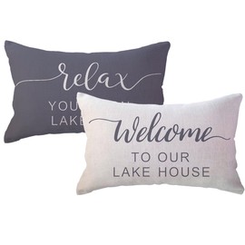 Welcome To Our Lake House Lumbar Cushion Covers Lake Cabin Decor with Paddle Farmhouse Lake Time Decorative Pillowcases 12x 20Inch,2Pack Summer Lake House Cushion Cover for Sofa Couch Porch (Grey)