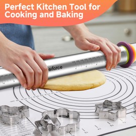 Olforce Stainless Steel Rolling Pin with Thickness Rings and Pastry Baking Mat, Pizza, Cookie, Bread, Pie Crusts,Roller Rod for Dough Thickness, 13.6" with 4 Multicolored Thickness Rings&Cookie Molds