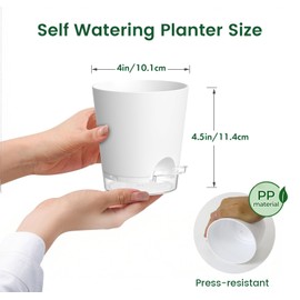 Meowell 4 inch Self Watering Pots for Indoor Plants, 5 Pack Small Flower Plant Pots with Drainage Holes and Clear Reservoirs, Visible Water Level, Plastic Planters with Wicking Rope, White