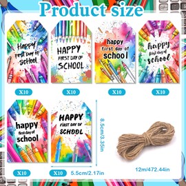 HOWAF 60 Pieces Happy First Day of School Gift Tags, Back to School Gįfts Decorations with String for Teachers Gifts, Gift Tag Labels Party Supplies for Kindergarten Preschool