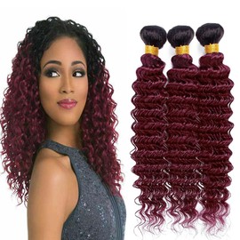 Niciitysi 1B99j Deep Wave Bundles Human Hair 12 14 16 inch Double Weft Brazilian Wine Red Hair Extensions Ombre Two Tone Black to Burdundy Deep Curly Bundles for Women