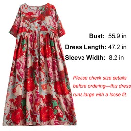 ENGLUCK Oversized Dress for Women Summer Vacation Flowy Floral Print Round Neck Short Sleeve Plus Size Boho Dress with Side Pockets