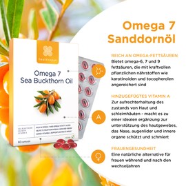 Healthspan Omega 7 Sea Buckthorn Oil 500 mg, High Omega-7 Content and Rich in Omega-9 Fatty Acids, Additional Vitamin A, Women's Health, Carotenoids and Tocopherols, Vegan, 60 Capsules