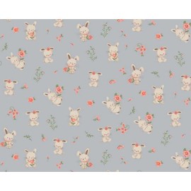Children's Fabric - Grey Sweet Bunny & Pink Floral Organic Cotton Craft Fabric