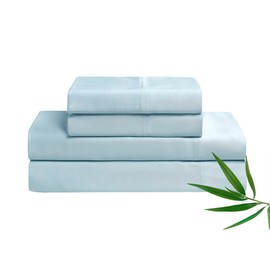 YnM Cooling Bed Sheet Set with 100 Percent Rayon Derived from Bamboo, 400TC Fabric with 2 Pillowcases and Flat Sheet, Deep Pocket Fit 19'', Silky-Soft & Sweat Wicking, 4 Piece (King, Light Blue)
