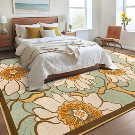 ST.BRIDGE Boho Floral Area Rug 5x8 Washable Living Room Rug Low Pile Non-Slip Large Carpet, Yellow Throw Soft Kids Nursery Rug for Bedroom, Bedside, Kids Room, Office, Dining Room