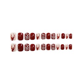 Christmas Press on Nails Wine Red Fake Nails Short Square False Nails with Red Elk Designs White Snowflakes Glue on Nails Square Stick on Nails Full Cover Winter Acrylic Nails Glossy Artificial Nails