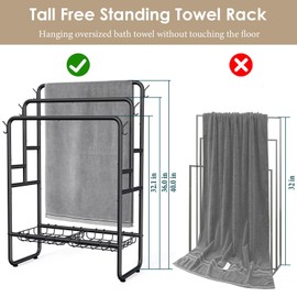 Kayfia 40" H Towel Rack Freestanding, 3-Tier Bath Towel Holder Stand with Storage Baskets & Hooks, Blanket Drying and Display Rack for Oversized Bath Towels, Metal Towel Rack Stand Indoor Outdoor