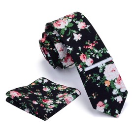 Gusleson Mens Skinny Black Ties for Men Floral Cotton Tie Clip Slim Necktie and Pocket Square Sets (UK0941-06)