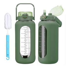 chunmo 64oz Glass Water Bolttles with Straw Half Gallon Large Motivational Water Bottle with Time Marker Sports Water Bottles with Silicone Sleeve and Handle Lid Water Jug for Gym Workout