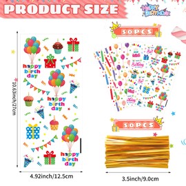 50PCS Birthday Clear Cellophane Treat Bags: Clear Goodie Bags with 60 Twist Ties for Kids Birthday Party Favors Wrapping, Packaging Candy Cookies Treat Classroom Return Gifts - 4 Colorful Designs