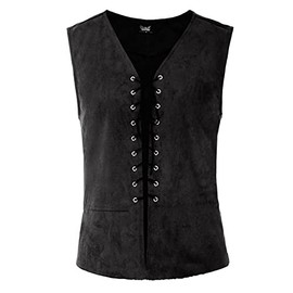 OBEEII Medieval Vest Men's Vinatge Renaissance Victorian Pirate Sleeveless Gothic Viking Steampunk Cosplay Steampunk Vest, black