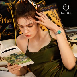 rorios Women's Watches Analogue Quartz Wrist Watches Minimalist Simulated Diamond Mesh Band Fashion Girls Watch, Green Rose Gold, Bracelet