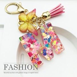 JINGUAZI Initial letter Keychains for Women Tassel Butterfly Pink Cute Car Keychain for Wallet Purses Backpack (Pink M)