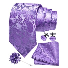 Gusleson Mens Lavender Tie Paisley Wedding Light Purple Necktie Pocket Square Cufflinks and Lapel Pin Brooch Set (UK6105-14)