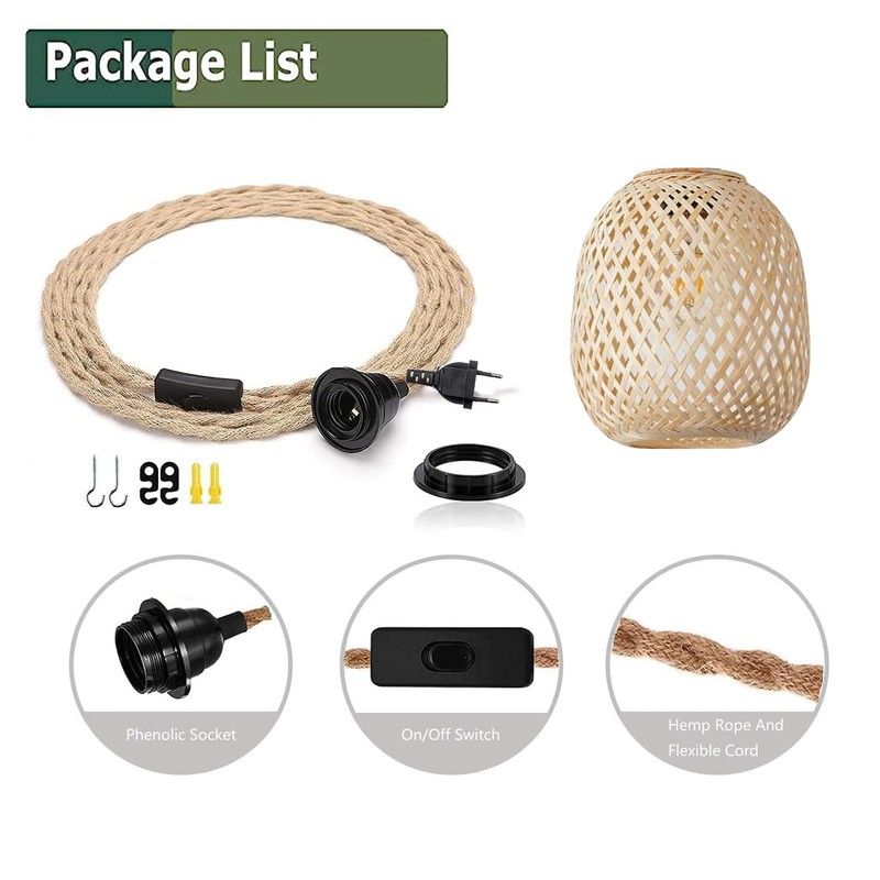 Hanging Lampshade with Plug, Outdoor Lamp, Hanging Boho Rattan Ceiling