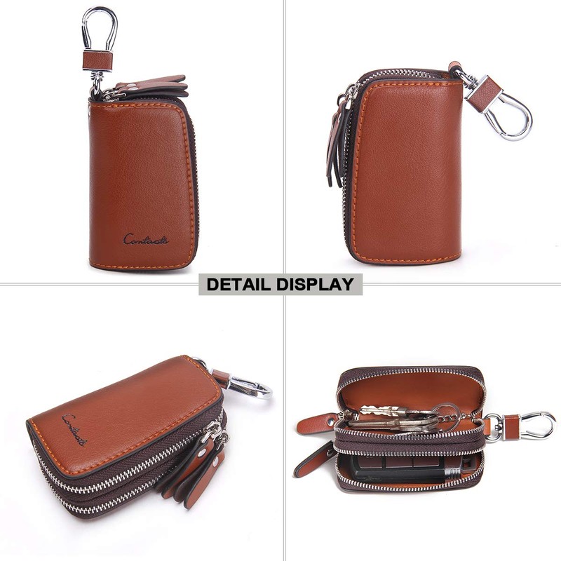 Contacts Genuine Leather Car Key Case Holder Double Zipper Keychain