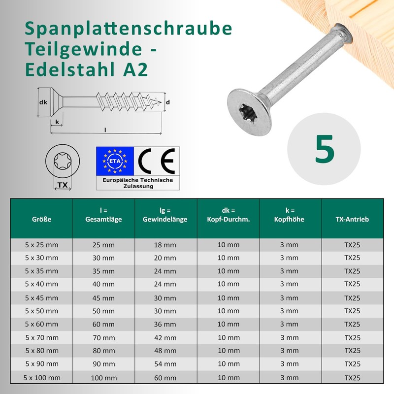 DSM - Chipboard Screws 5 x 100 mm - A2/V2A