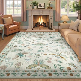 Beeiva Insect Print Rug 6x9, Washable Carpet for Living Room Non Slip, Low Pile Ultra Thin Foldable Large Area Rugs for Office, Bedroom, Kids Room, Playroom, Nursery - Beige