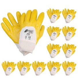 Nitras 03400 Nitrile Gloves with Knitted Cuff, Yellow, Partially Coated on Cotton Jersey Gloves, Pack of 12 Pairs, Size: 10 (XL)
