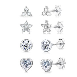 wynn's Earrings 925 Silver Stud Earrings, 4 Pairs of Stud Earrings 925 Silver Set Cubic Zirconia Small Hypoallergenic for Women Girls Stud Earrings Set for Multiple Piercings 4 mm x 4, Cubic Zirconia