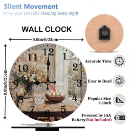 Lancholy 10-Inch Silent Wooden Wall Clock, Sunlit Kitchen Clock Flowers Eggs ” Silent Non-Ticking Clock, Battery Operated (AA Batteries Not Included), Artistic Home Decor
