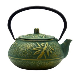 900ml Small Cast Iron Tea Kettle, SECHUDO Teapot Coated with Enameled Interior for Stovetop, Japanese Green Tea Pot with Stainless Steel Strainer for Loose Leaf, Pine,Bamboo and Plum Pattern(30.4oz)