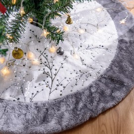 Lanpn 48" Christmas Tree Skirt, Large Plush Patchwork Silver Faux Fur Xmas Tree Skirts 120cm Tree Mat Base Cover for Winter Christmas Holiday Indoor Decorations (Silver, Branches)