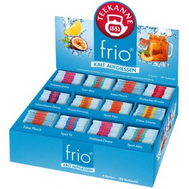 Teekanne frio Collection Box mit 9 Frio Sorten wie Himbeer-Zitrone, Johannisbeere-Zitrone, Pfirsich-Maracuja, Rhabarber-Kirsche, Sport Fit, Aktiv und Vital, insgesamt 180 Tee-Beuteln (450g)