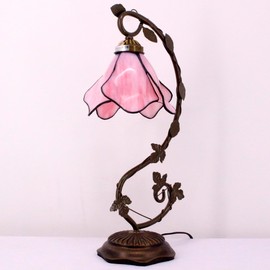 WERFACTORY WERFACTORY Tiffany Lamp Pink Stained Glass Table Lamp, Metal Leaf Table Desk Reading Light 8X10X21 Inches Decor Small Space Bedroom Home Office S701 Series