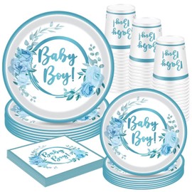 LASLU Baby Shower Plates and Napkins for Boy Serves 16, Baby Shower Party Supplies Includes Plates, Napkins, Cups, Total 64PCS (Blue)