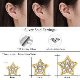 Josfeva Earrings 925 Silver Stud Earrings, 3 Pairs 925 Sterling Silver Stud Earrings Set for Women Girls, Heart Round Star Cubic Zirconia Stud Earrings, 4/5/6 mm Sleeping Cartilage Stud Earrings with